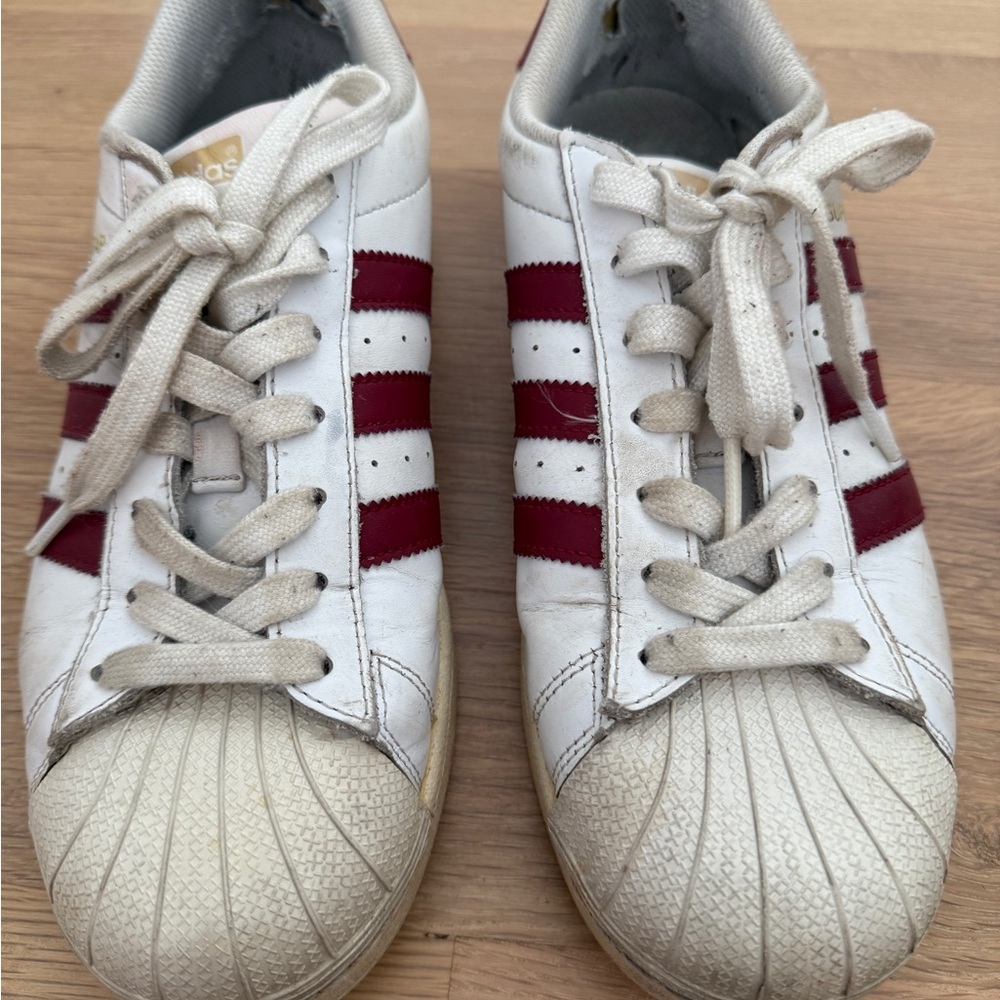Adidas White and Burgundy Striped Superstar Sneakers
